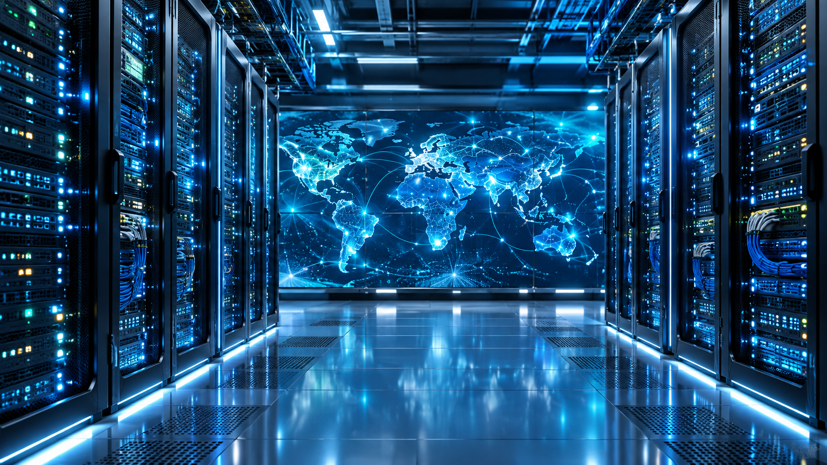 Modern data centre with network map display
