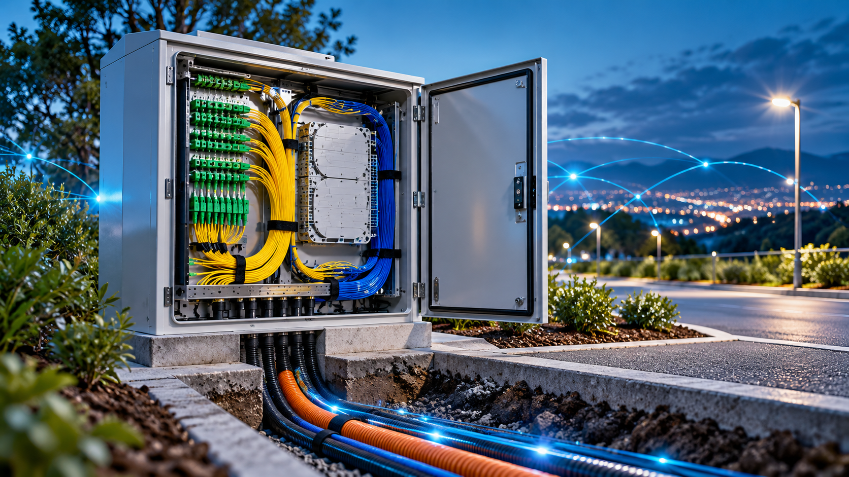 Open fibre optic network cabinet and underground infrastructure