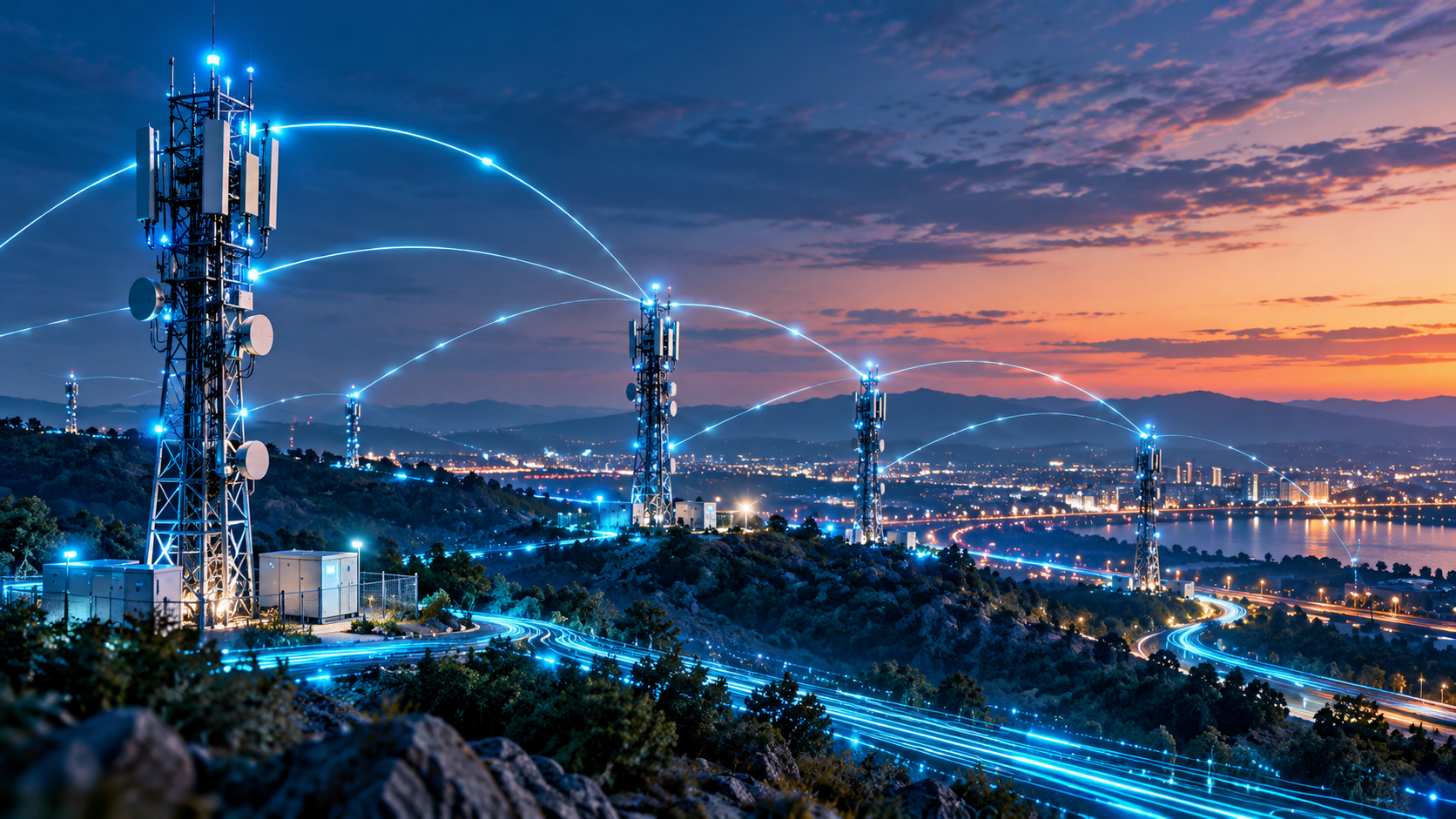 Telecommunications towers connected across a city landscape